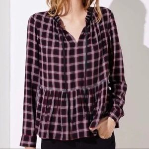 LOFT Plaid Velvet Trim Peplum Long Sleeve Blouse